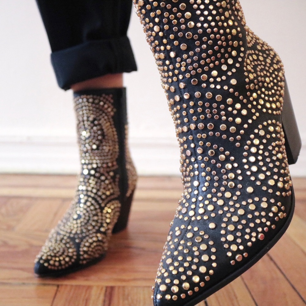 Gold studded western black leather ankle boots